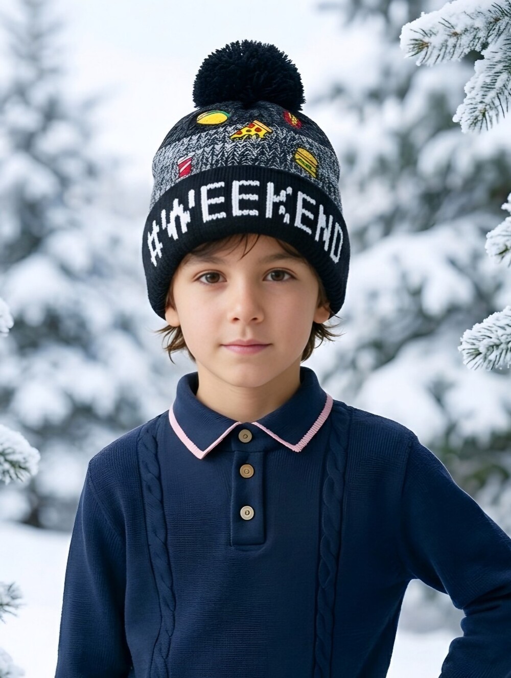 Childrens Place Kids Black Weekend Knit Beanie Hat Food Patches NWT Ages 4-7